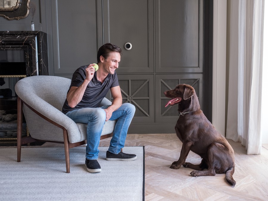 man sits on chair, holding a toy in front of a sitting brown dog. A Josh Micro is installed on the wall behind him.